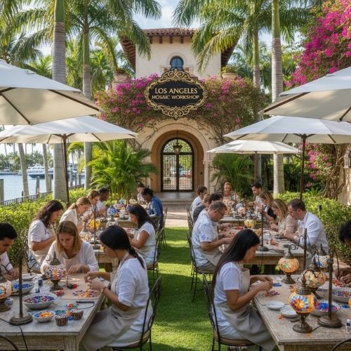 los angeles mosaic umbrella patio tables Miraval Set | Neille Olson Mosaics High durable resin housing and hub Mosaic Table With Umbrella Hole