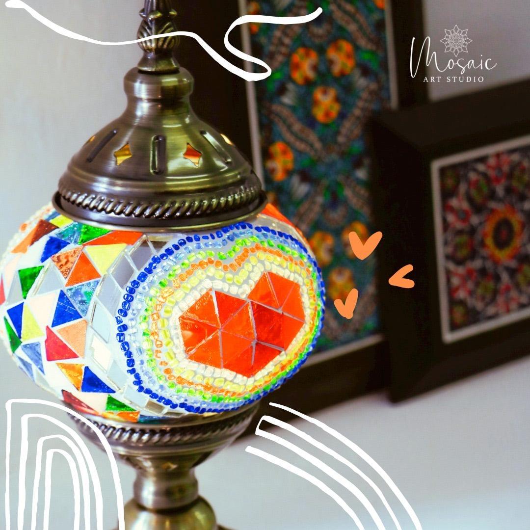 Colorful Turkish mosaic lamp with heart pattern in vibrant orange, blue, and green beads