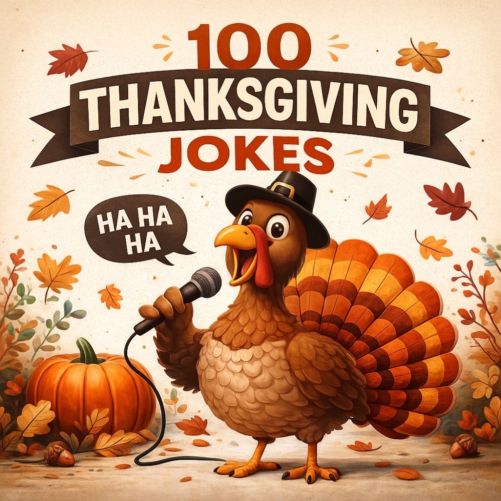 Cartoon turkey wearing Pilgrim hat holding microphone with 100 Thanksgiving jokes text and autumn leaves