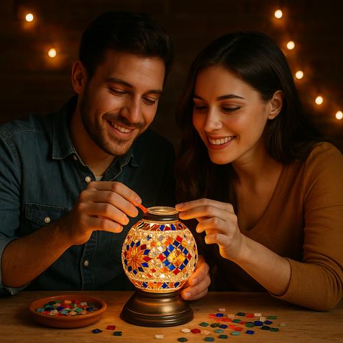 Happy couple decorating colorful mosaic lantern with glass pieces at wooden table, cozy ambient lighting