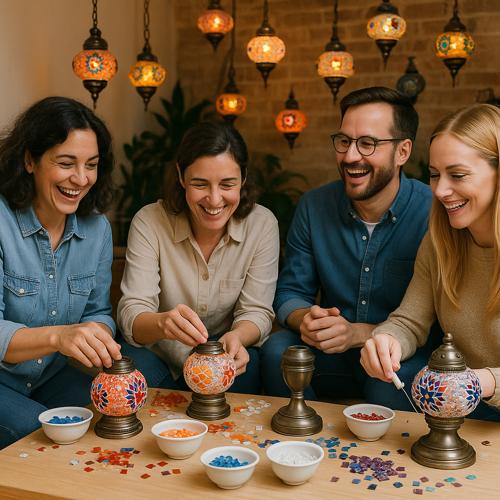 Four people enjoying creative team building activity assembling colorful mosaic lamps at a wooden table