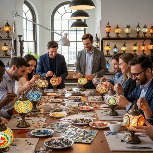 Group of executives crafting mosaic lamps in a bright workshop, enjoying team building activity