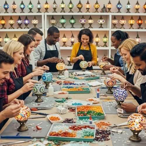 Diverse team creating colorful mosaic lamps together at a workshop table filled with crafting materials