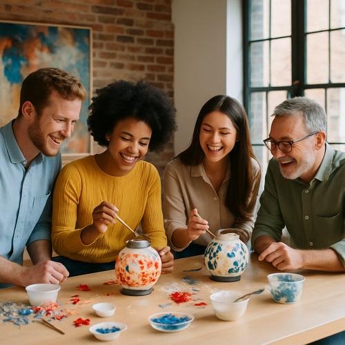 Diverse group painting colorful ceramic vases together in a bright workshop space