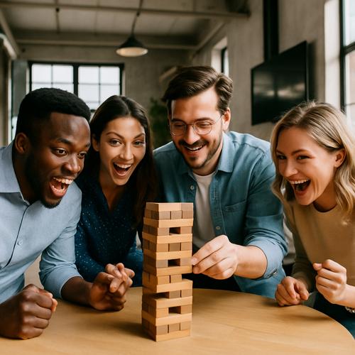 Diverse group of four friends smiling and playing Jenga game indoors at wooden table
