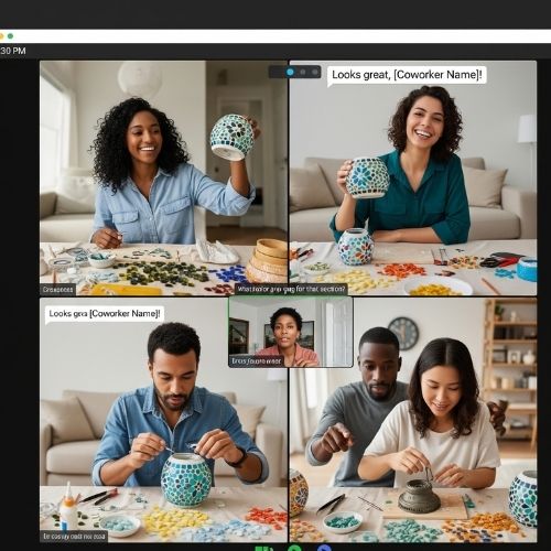 Four diverse coworkers engaged in virtual team building crafts, making mosaic vases during a video call