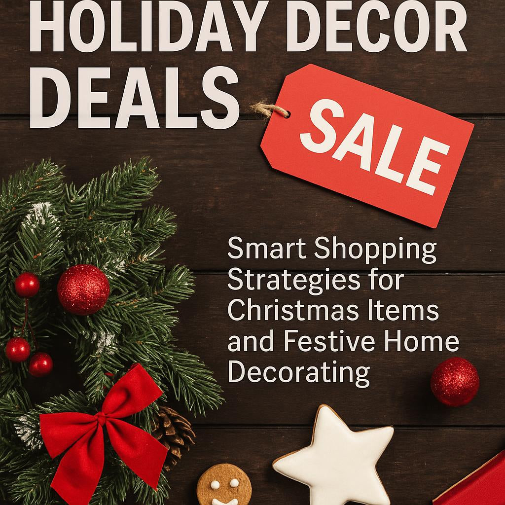 Holiday decor deals sale tag with Christmas wreath, red bow, ornaments, gingerbread and star cookies on wooden background