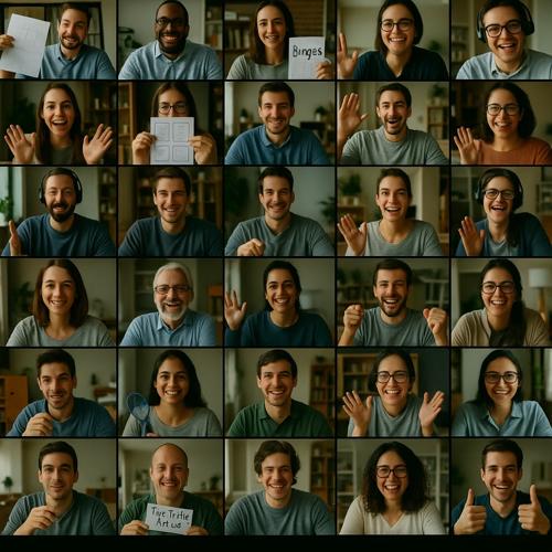 Diverse group of smiling people participating in a lively virtual team building video call