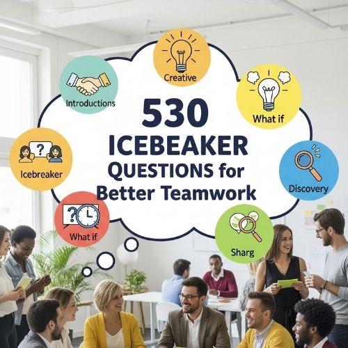 Diverse team discussing 530 icebreaker questions for better teamwork in modern office setting