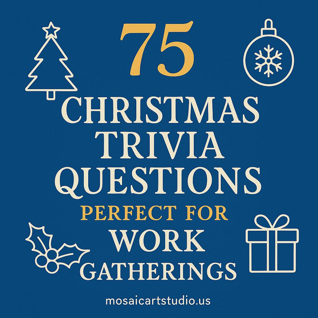 Blue graphic with text 75 Christmas trivia questions perfect for work gatherings and holiday icons