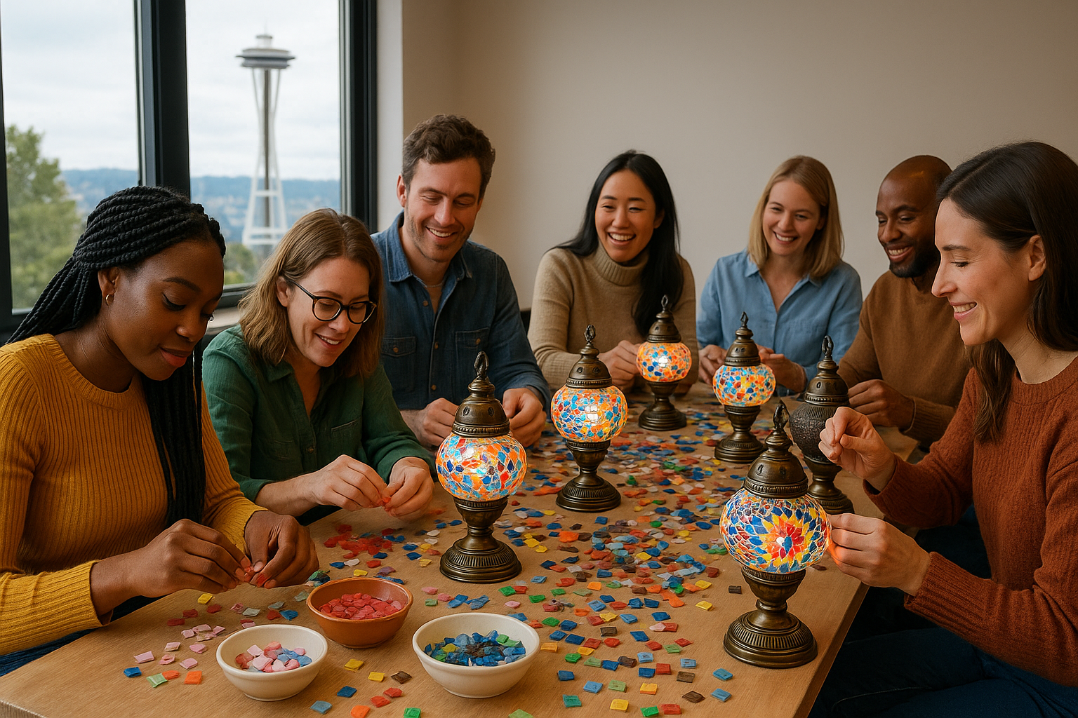 Group of diverse adults crafting colorful mosaic art lamps around a wooden table with the Space Needle visible outside.