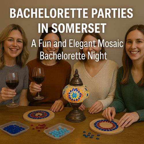 Four smiling women enjoying mosaic bachelorette party in Somerset with wine and colorful tiles