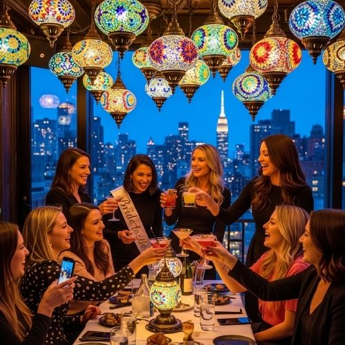 Group of women celebrating bachelorette party at elegant rooftop restaurant with NYC skyline and colorful hanging lamps