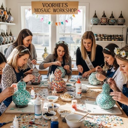 Group of women at Voorhees Mosaic Workshop creating mosaic art on vases during a bachelorette party