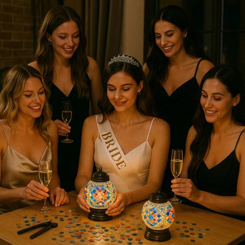 Bride wearing tiara and sash surrounded by smiling bridesmaids holding champagne glasses at bachelorette party