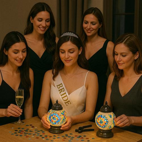 Bride wearing tiara and sash with three bridesmaids in black dresses at a bachelorette party with colorful lamps