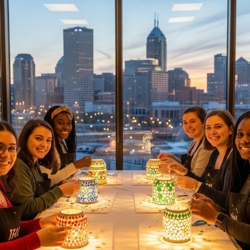 Group of diverse women crafting mosaic lanterns indoors with Indianapolis skyline at sunset