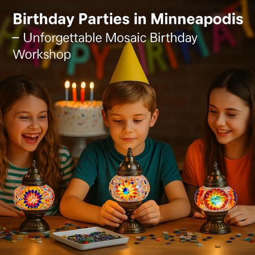 Children at a mosaic birthday workshop in Minneapolis, crafting colorful mosaic lamps and celebrating