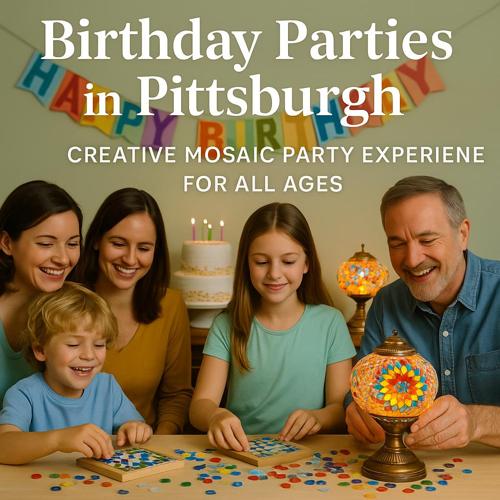 Family celebrating a birthday party in Pittsburgh with a creative mosaic activity and colorful decorations