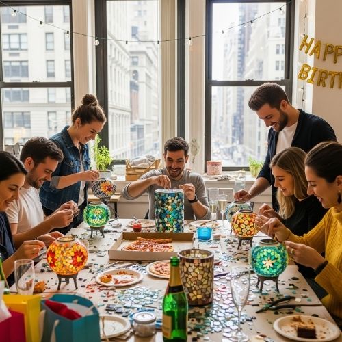 Group of young adults celebrating a birthday in a bright Manhattan apartment with pizza and colorful mosaic lanterns