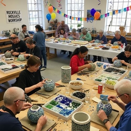 Group of adults creating mosaic art on vases in a bright Rockville Mosaics Workshop studio with birthday decorations