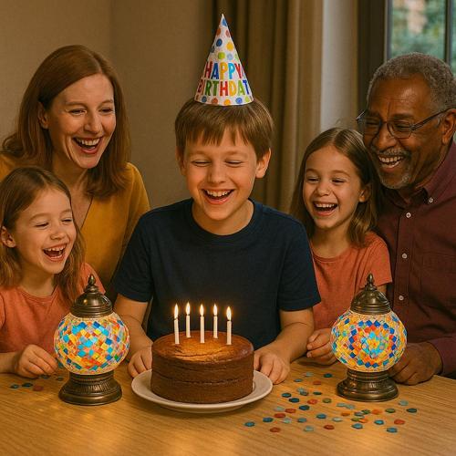 Happy family celebrating boy's birthday with cake and lit candles at home party