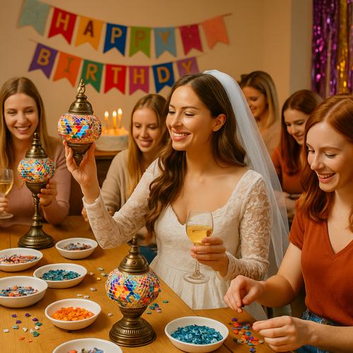 Bride-to-be and friends enjoying bridal shower with mosaic lanterns, confetti, and birthday banner