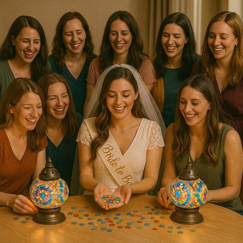 Bride-to-be with friends at a bridal shower in Pittsburgh, smiling and holding confetti