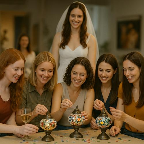 Bride in white dress with veil and friends playing a bridal shower game with decorative jars indoors