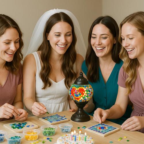 Bride and friends enjoying mosaic craft activity at a cozy bridal shower with colorful tiles and mosaic lamp