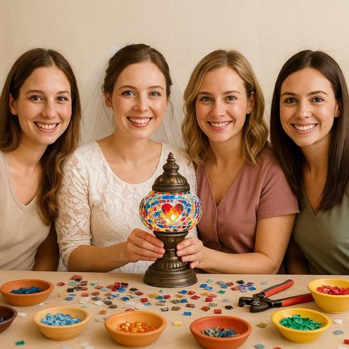 Four smiling women at a craft table holding a colorful mosaic lamp surrounded by bowls of mosaic tiles