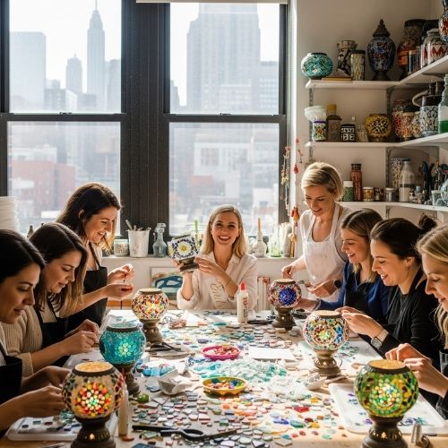 Group of women crafting colorful mosaic lamps in a bright New York City studio with Manhattan skyline view