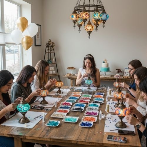 Women crafting with colorful beads around a wooden table at a bright bridal shower with decorative lamps