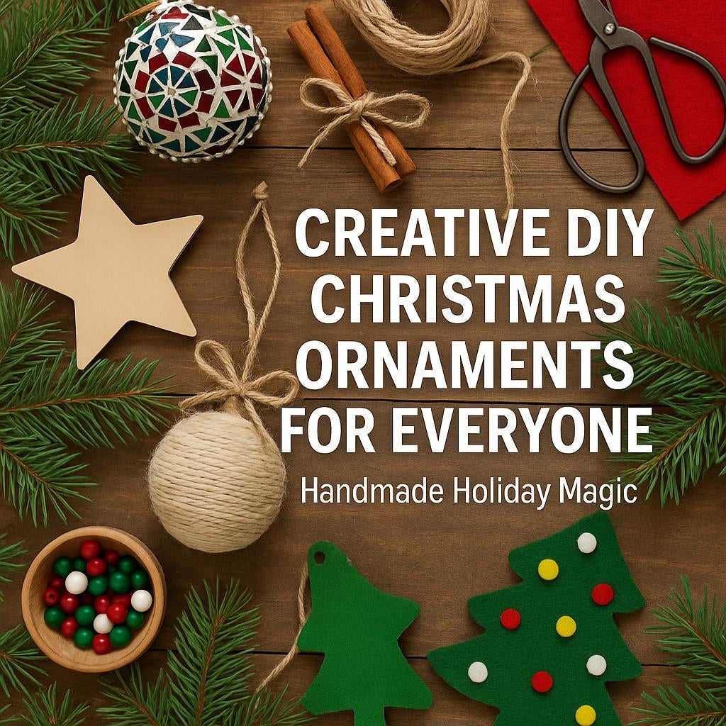 Creative DIY Christmas ornaments including string-wrapped ball, felt trees, cinnamon sticks, beads, and star on wooden table