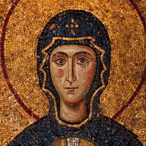 Byzantine mosaic art depicting a solemn female saint with a dark blue hood and golden halo