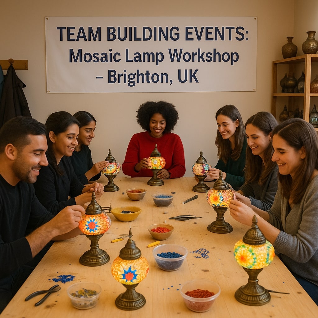 Group of six people crafting colorful mosaic lamps during a team building workshop in Brighton, UK