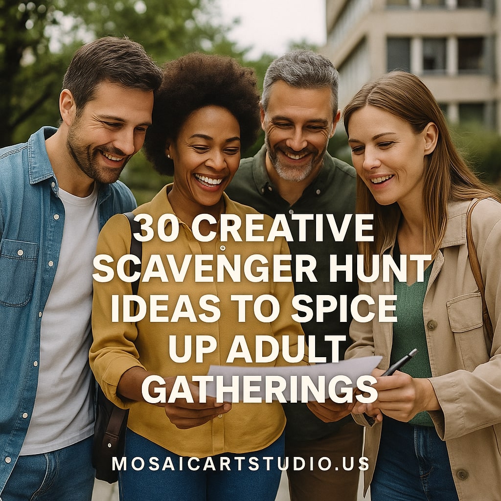 Group of four adults smiling and looking at a paper outdoors, promoting creative scavenger hunt ideas