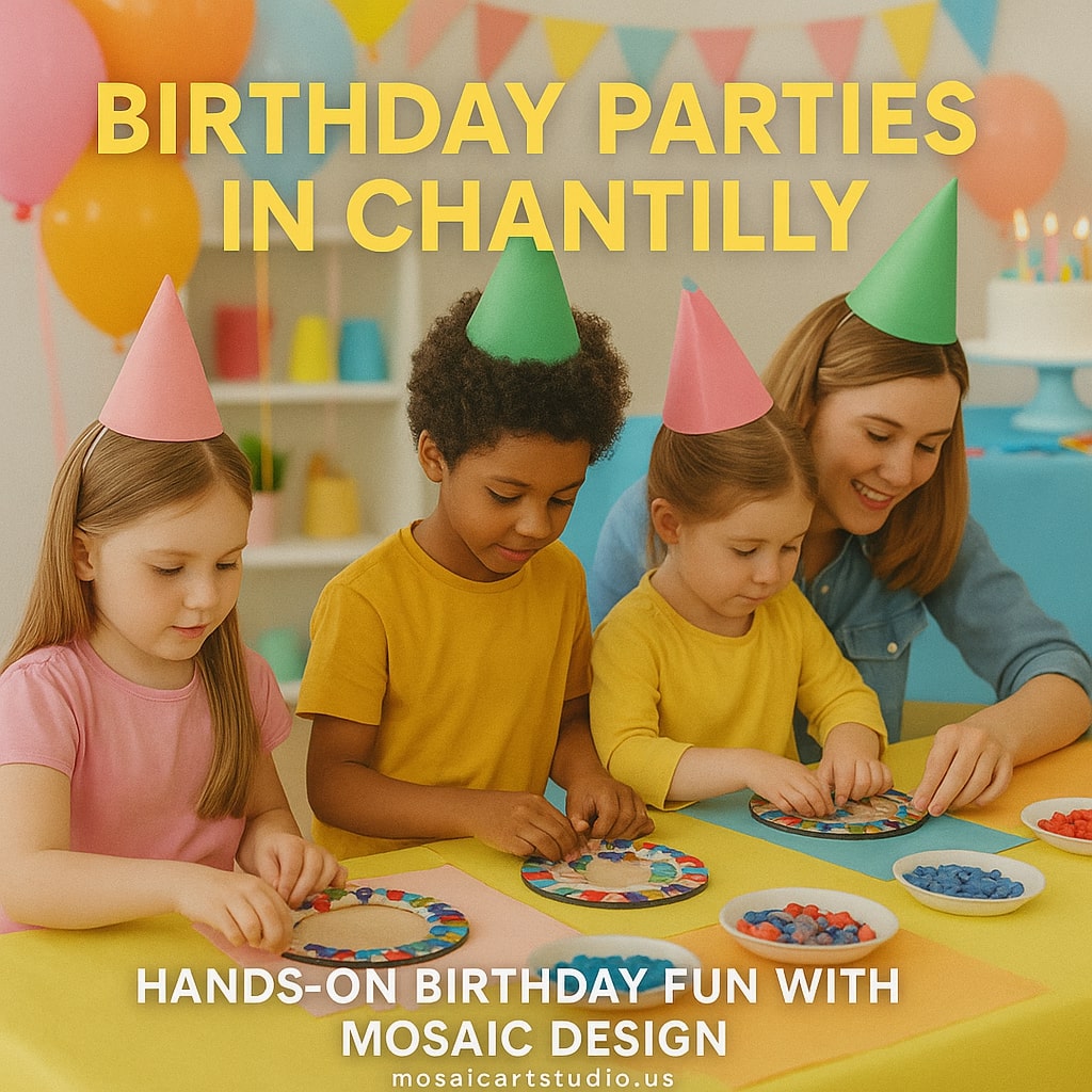 Children and an adult wearing party hats making mosaic crafts at a colorful birthday party table