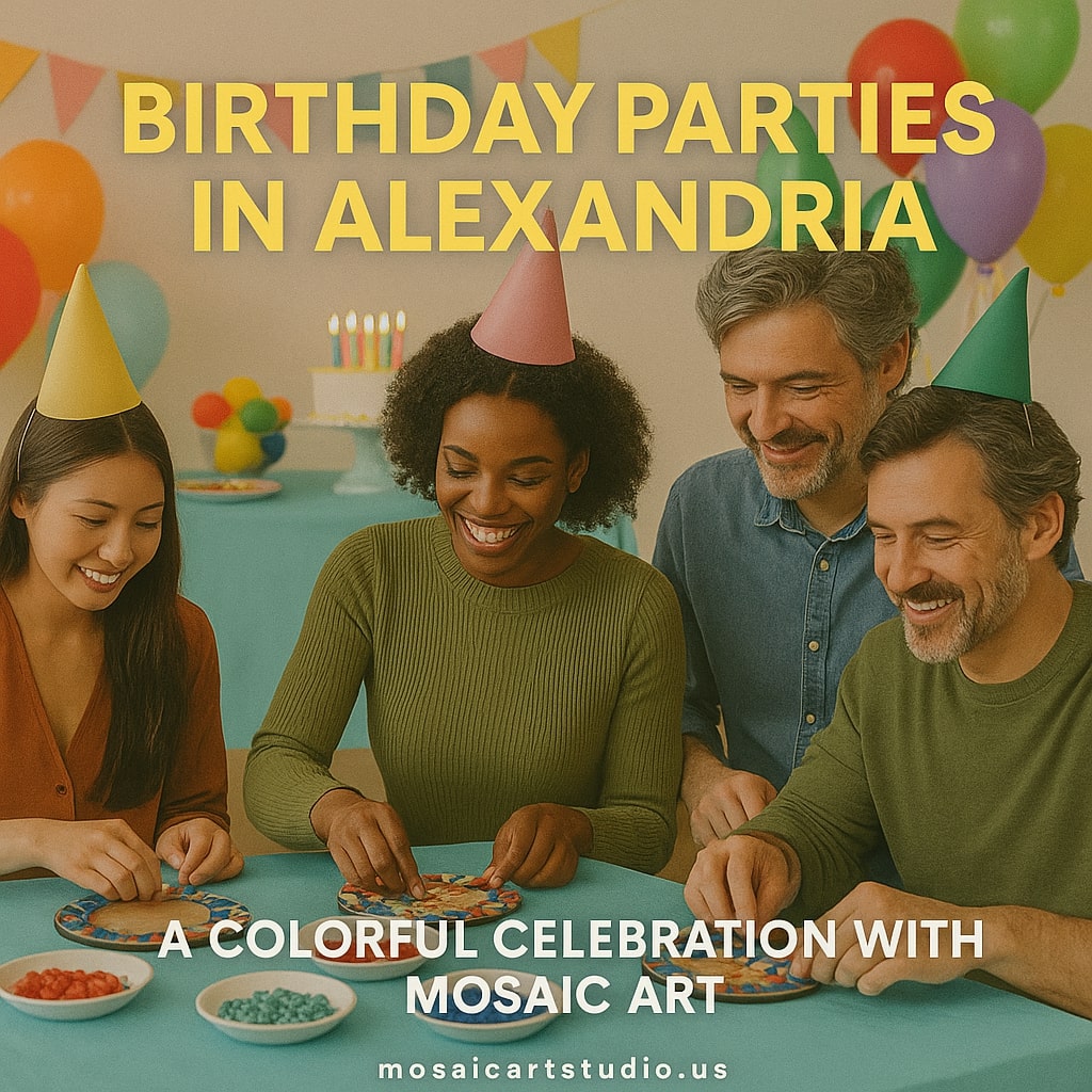 Group of four adults wearing party hats creating mosaic art at a colorful birthday party in Alexandria