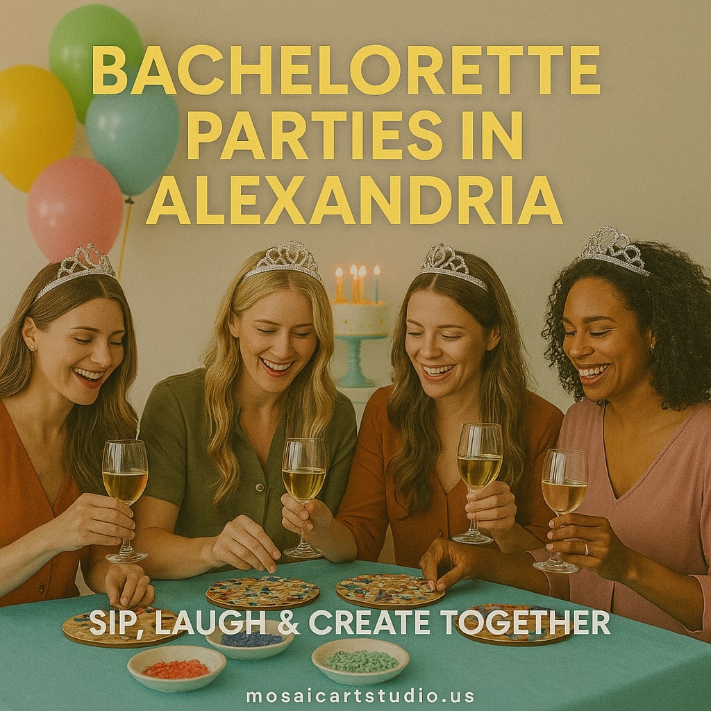 Four women wearing tiaras toast with wine glasses at a bachelorette party in Alexandria