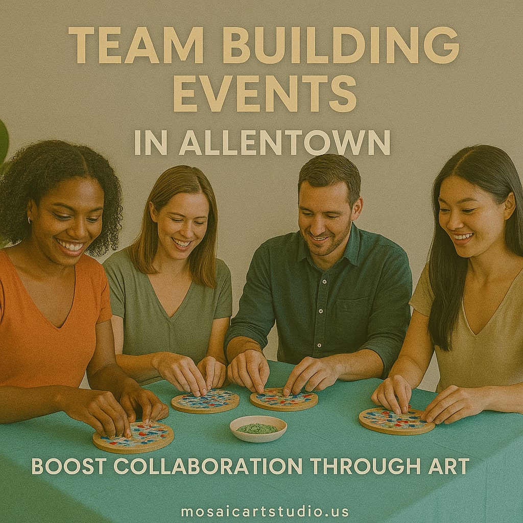 Four diverse adults smiling and creating mosaic art at a team building event in Allentown
