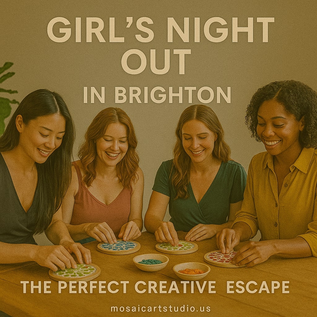 Four women enjoying a creative mosaic art activity at a table for girl's night out in Brighton
