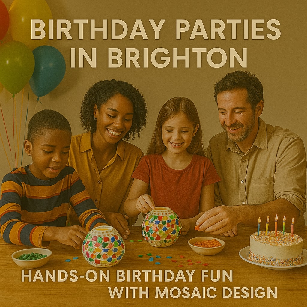 Family of four celebrating birthday in Brighton with mosaic design crafts and cake with candles