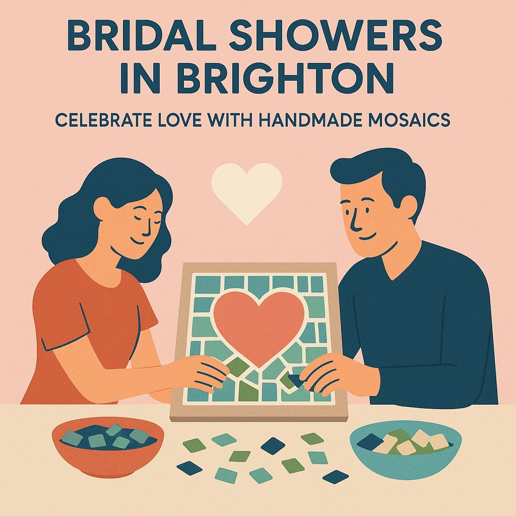 Illustration of couple creating a handmade mosaic with a heart design for bridal showers in Brighton
