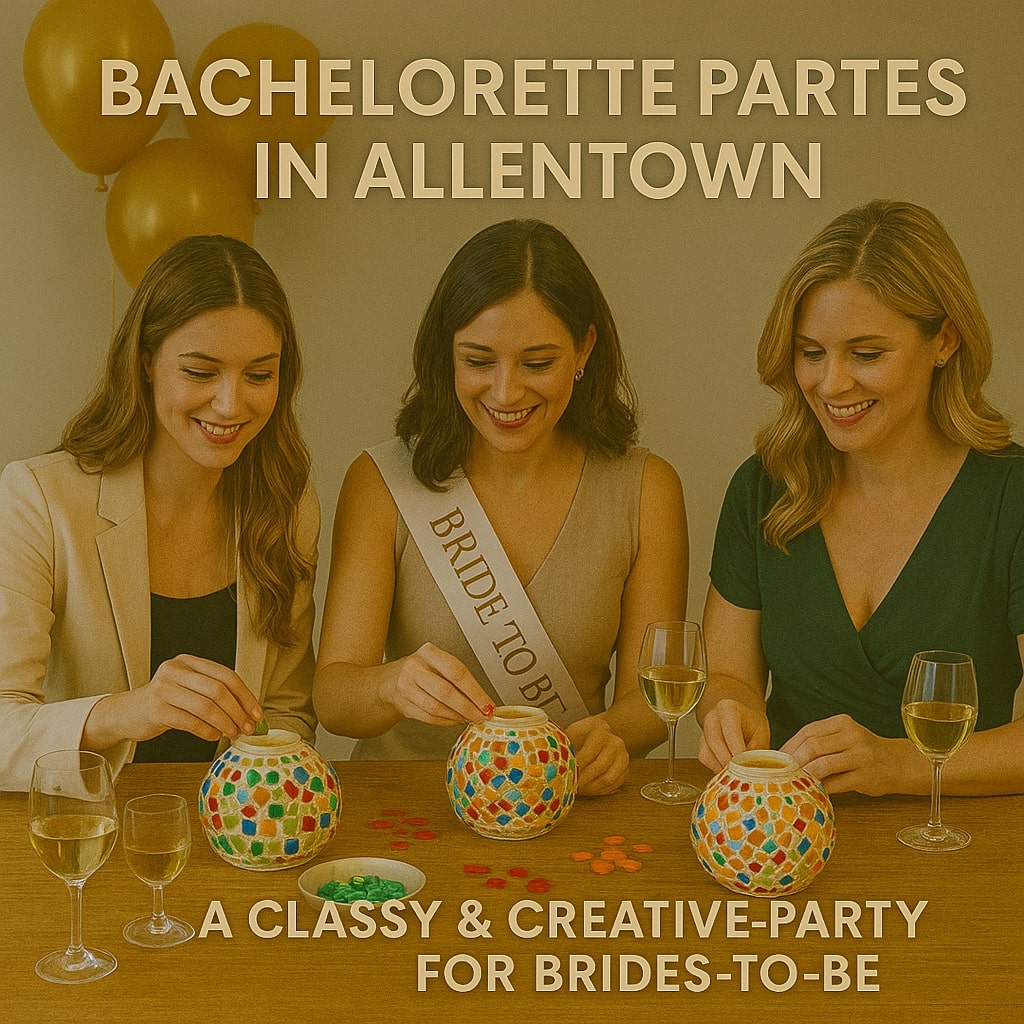Three women at a bachelorette party in Allentown, with the bride-to-be wearing a sash and colorful game bowls on the table