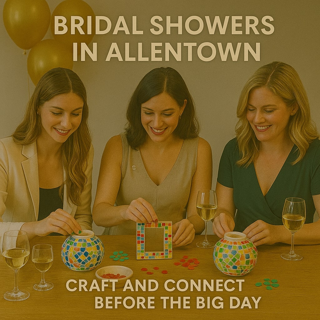 Three women crafting colorful mosaic art at a bridal shower in Allentown with wine glasses