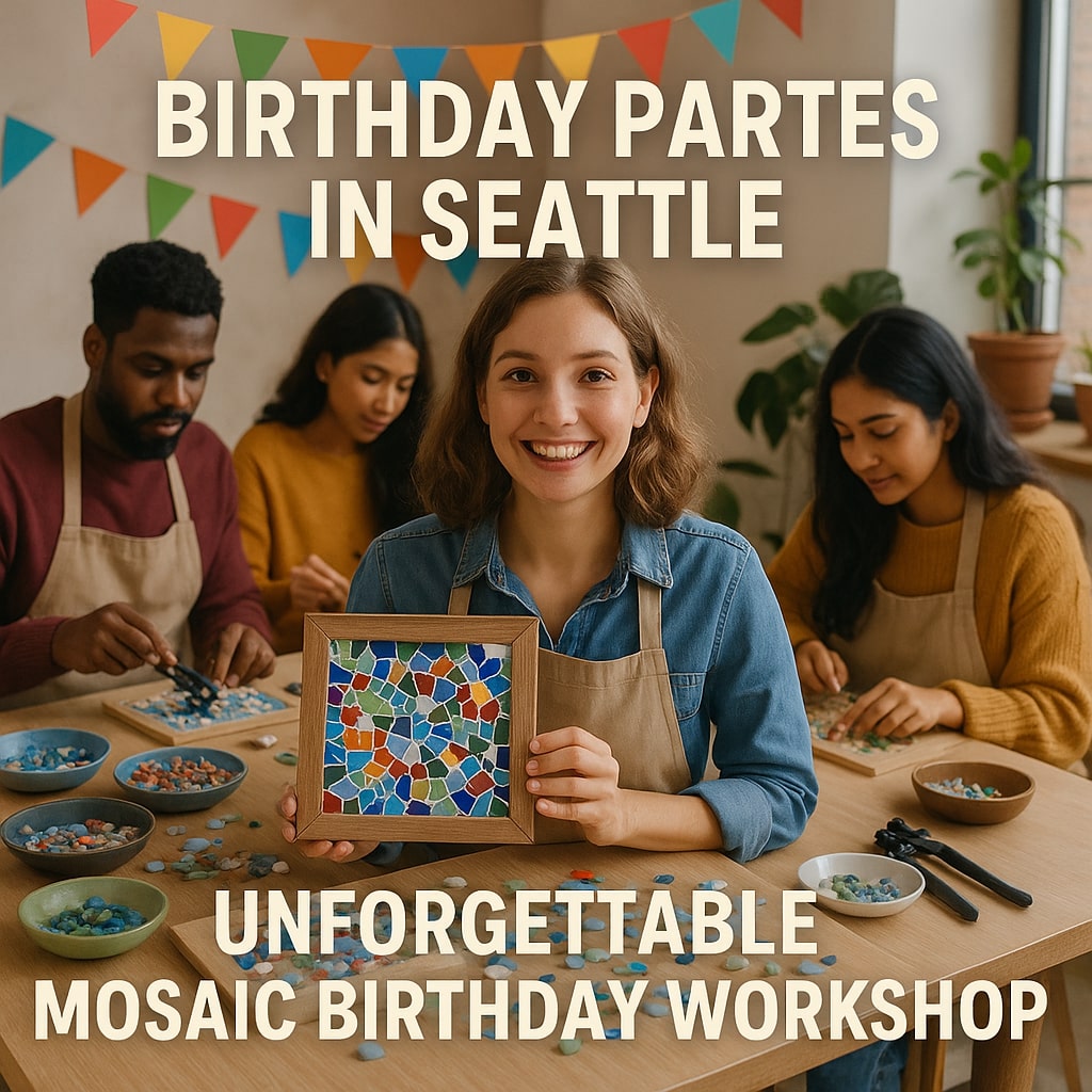 Smiling woman holding mosaic art at a birthday workshop in Seattle with colorful bunting
