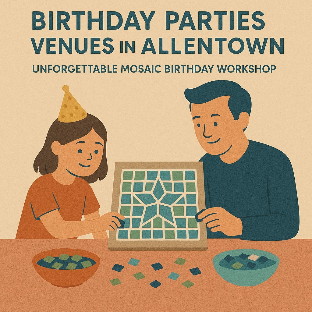 Illustration of a girl and man creating a mosaic art at a birthday party venue in Allentown