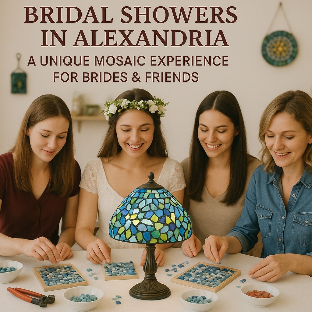 Bridal shower in Alexandria with four women enjoying a mosaic art activity around a colorful mosaic lamp