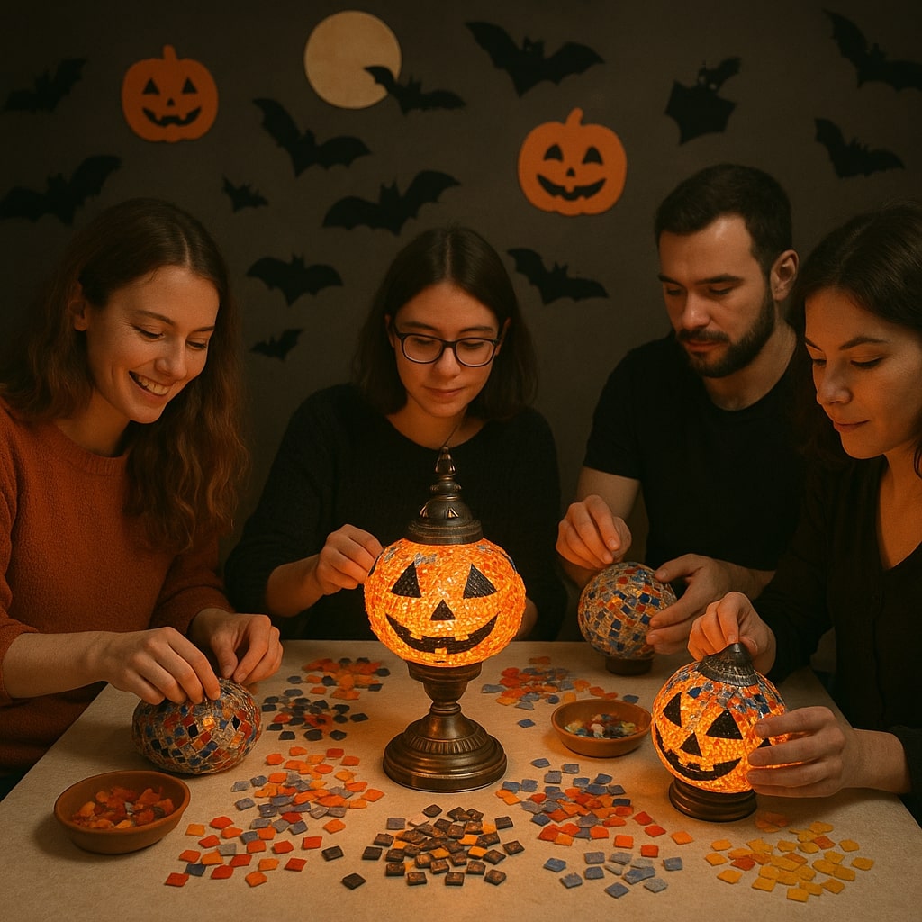Four people crafting mosaic Halloween pumpkin lanterns at a decorated table with bats and jack-o-lanterns